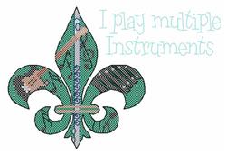 Fleur-de-lis cross stitch in vibrant green, featuring musical motifs and playful text: 'I play multiple Instruments'.