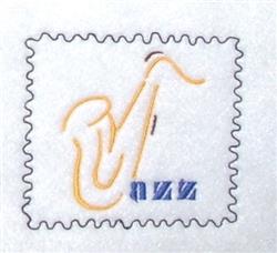 Musical note in line art style with yellow and blue threads, featuring a zigzag stitched outline on a white background.