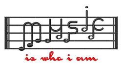 Whimsical musical notes on a staff, with 'music' and 'is who I am' in bold red script, ideal for music-themed decor.