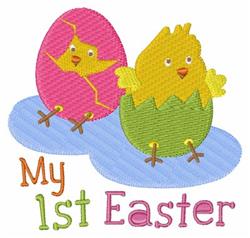 Playful colored eggs with chicks for Easter, featuring a pink egg with a yellow chick and text 'My 1st Easter'.