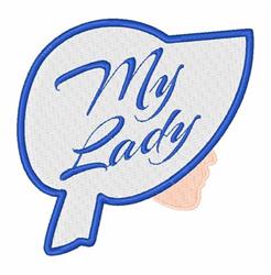 Playful text bubble featuring 'My Lady' in elegant script with a blue outline and a stylish profile silhouette.