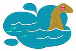 Mythical creature with a brown neck and pink spot playfully emerging from blue waves, surrounded by small fish.