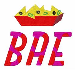 Colorful nacho box overflowing with toppings and bold 'BAE' letters below in vibrant red and pink hues.