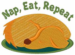 detailed puppy dog machine embroidery pattern - Nap Eat Repeat for kitchen tea towels