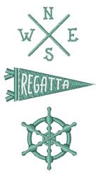 Nautical design featuring a compass, pennant reading 'REGATTA', and ship's wheel in shades of teal.