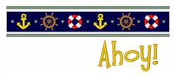 Playful nautical elements feature colorful anchors, ship wheels, and lifebuoys with 'Ahoy!' text on dark blue background.