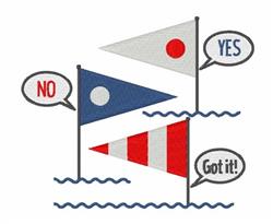 Playful nautical flags above stylized waves, featuring a blue flag, red striped flag, and speech bubbles.
