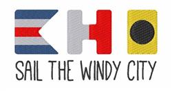 Colorful nautical flags and 'SAIL THE WINDY CITY' text create a playful maritime scene, perfect for city pride.