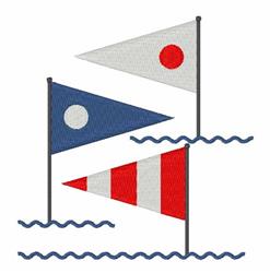 Nautical flags with red, white, and blue colors on poles, paired with stylized waves, vibrant maritime design.