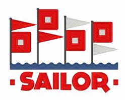 Colorful nautical flags with red and white designs above playful blue waves, featuring 'SAILOR' in bold red.