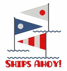 Playful nautical flags in vibrant colors atop poles with waves below, featuring 'SHIPS AHOY!' text, summer theme.