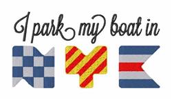 Playful textual phrase 'I park my boat in' with colorful nautical flags for 'NYC', perfect for summer.