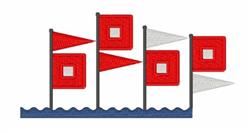 Bold graphic nautical flags in red and grey on poles, with stylized blue waves below, perfect for a maritime theme.