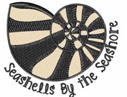 Whimsical nautilus shell in black and cream colors with spiral design and 'Seashells By the Seashore' text. Perfect for beach