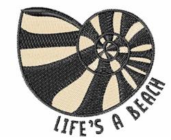 Whimsical nautilus shell in bold black and cream colors with a spiral shape, featuring 'LIFE'S A BEACH'.