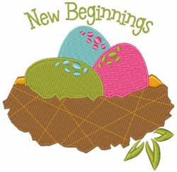 Stylized nest with three colorful eggs in blue, pink, and yellow, decorated with spring-themed leaves. Playful design.