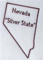 Minimalistic outline of Nevada with 'Silver State' text below, rendered in clean maroon on light background.