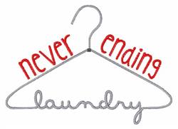 Playful laundry hanger featuring ‘never ending laundry’ in red and gray text. Minimalist design.