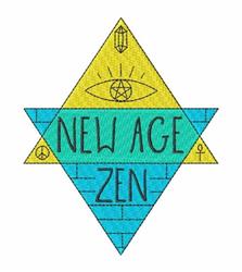 Modern text design 'NEW AGE ZEN' in vibrant colors with triangles and abstract symbols on a light blue background.