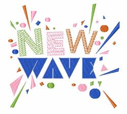 Boldly styled text 'NEW WAVE' in vibrant colors, surrounded by playful geometric shapes and colorful splashes.
