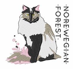 Applique Norwegian Forest cat with fluffy black and white coat, playful pink accents, and friendly expression.