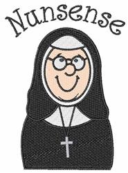 Cartoon nun in black habit with a white collar and glasses, playfully embroidered with 'Nunsense' above her.