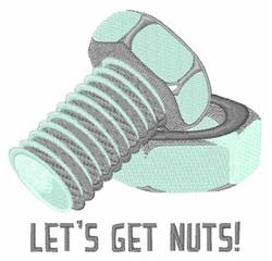 Playful metallic bolt and nut with the text 'LET'S GET NUTS!' in light colors, perfect for quirky decor.