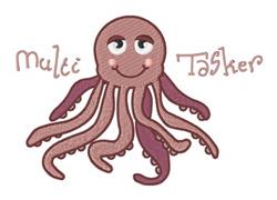 Cheerful cartoon octopus in pink and purple shades, smiling with playful tentacles and 'Multi Tasker' text.