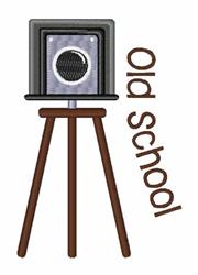 Vintage camera on wooden tripod with stylish 'Old School' text, perfect for nostalgic decor.