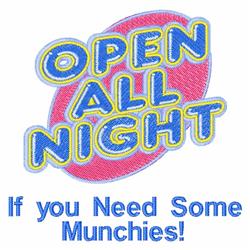 Bold text 'OPEN ALL NIGHT' in a colorful pink oval with blue outline, cheerful details inviting late-night snacks.