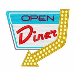 Vintage diner-inspired signage featuring a blue 'OPEN' sign with red 'Diner' lettering, arrow design, and playful polka dots.