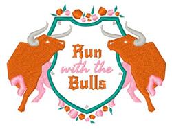 Colorful orange bulls on a turquoise shield with floral accents, showcasing a vibrant playful design.
