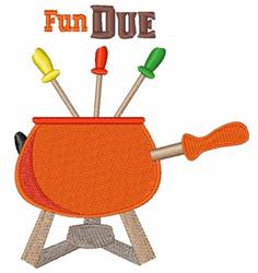 Vibrant orange cauldron with colorful spoons and 'Fun Due' text, playful kitchen decor design.