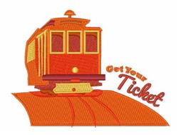 Playful orange train with detailed windows, decorative top, and track below, featuring the text 'Get Your Ticket'.
