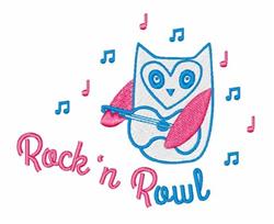 Playful owl holding a blue and pink guitar, surrounded by colorful musical notes. Cheerful design for kids.