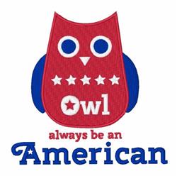 Playful owl in red and blue with five white stars on its chest, embroidered for a festive holiday theme.