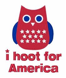 Playful owl in red and blue with white stars, embodying a patriotic theme above 'i hoot for America' text.