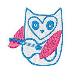 Playful owl with blue outlines and pink wings, holding a pink ukulele, vibrant design for children's items.