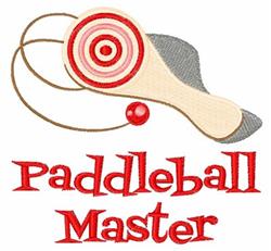 Paddleball paddle with concentric target circles and a vibrant red ball, featuring bold text 'Paddleball Master'.