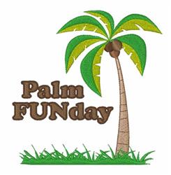 Colorful palm tree with vibrant fronds and a brown trunk, set in spring grass with playful 'Palm FUNday' text.