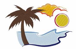 Colorful palm tree with brown trunk, bright yellow sun, and blue waves creating a vibrant summer tropical scene.