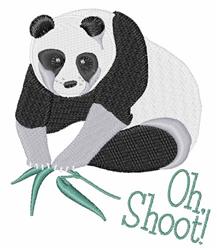 Playful panda with green bamboo, detailed black and white stitching, and text 'Oh! Shoot!'