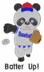 Playful cartoon panda wearing a baseball cap and glove, throwing a baseball with 'Batter Up!' text below. Ideal for children'