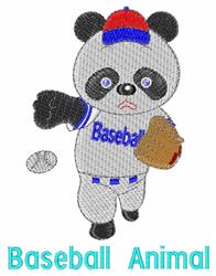 Playful panda bear in a blue and white baseball uniform, mid-throw with a baseball glove, perfect for children’s apparel.