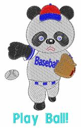 Cartoonish panda in a baseball outfit, holding a glove and ball, with vibrant colors and 'Play Ball!' text.