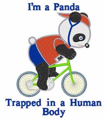 Playful panda in a red and blue outfit riding a green bicycle, with humorous text above, ideal for embroidery.
