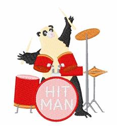 Playful cartoon panda enthusiastically playing a bright red drum set with drumsticks, perfect for kids' designs.