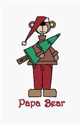 Cartoon bear in a red Santa hat and pants holds a green Christmas tree, with 'Papa Bear' in playful red text.