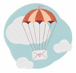 Playful parachute with orange and cream stripes descends in a light blue sky, carrying a heart-decorated envelope.