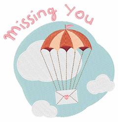 Playful parachute in orange and brown descends with a letter against fluffy white clouds on a blue background.